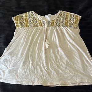 Boho embroidered tassel tie peasant top XL cap sleeve Aztec beaded Artisan NY